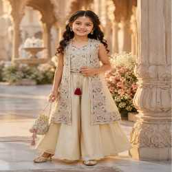 Girls Premium Embroidered Jacket Palazzo Set with Potli Bag